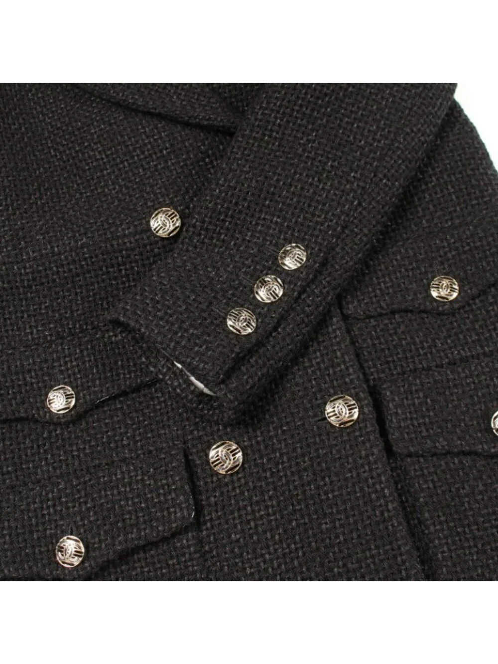 Chanel Tailored Jacket CC Logo Button Double Breasted Tweed Black Wool
